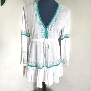 Soaked Boho Embroidered White Turquoise  Tunic Dress